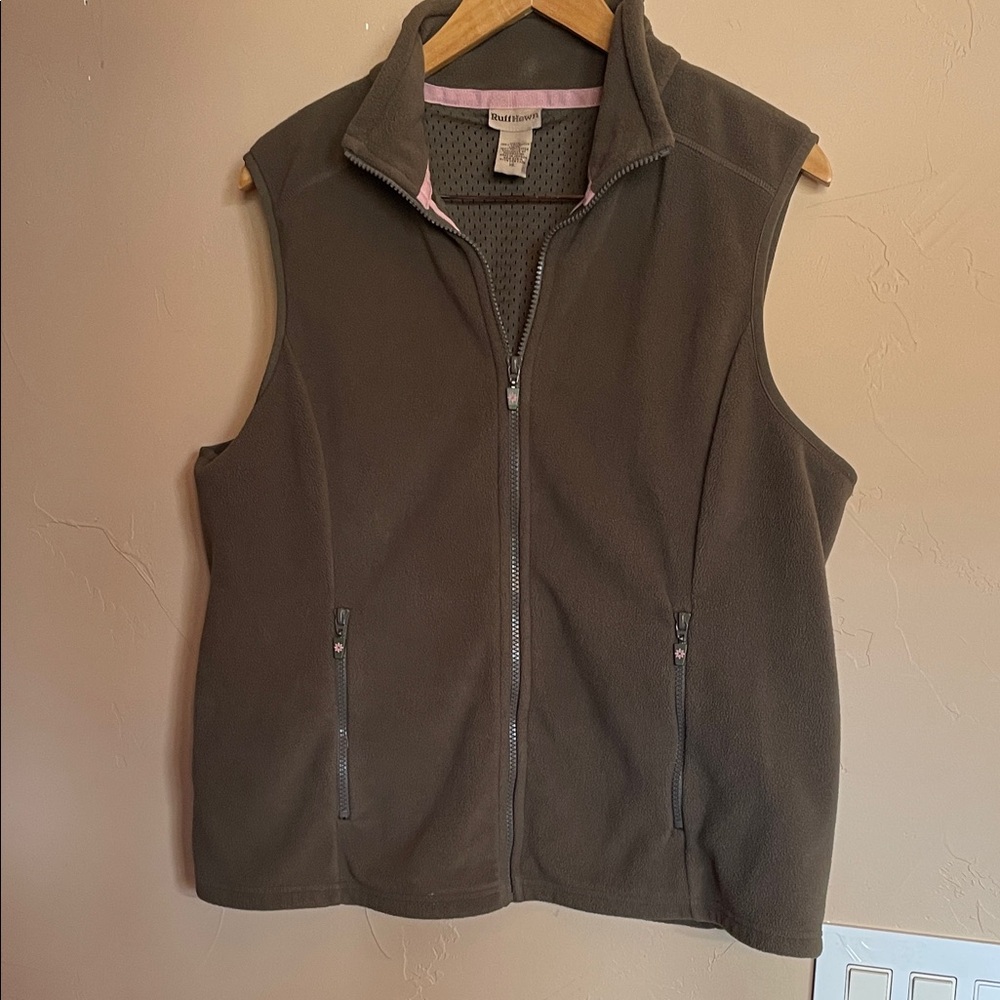 Ruff Hewn Olive Fleece Vest with Pink Trim.Sz XL Women.